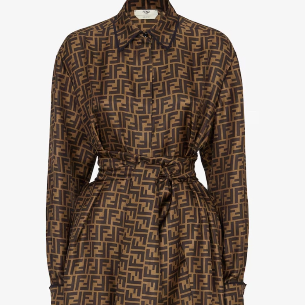 FENDI Brown Monogram Twill Midi Silk Shirt Dress